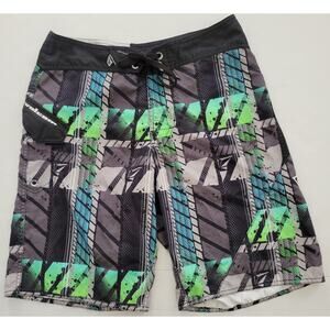 Volcom Board Shorts Men's Size 31 Swim Trunks Black Green Graphic 10" inseem